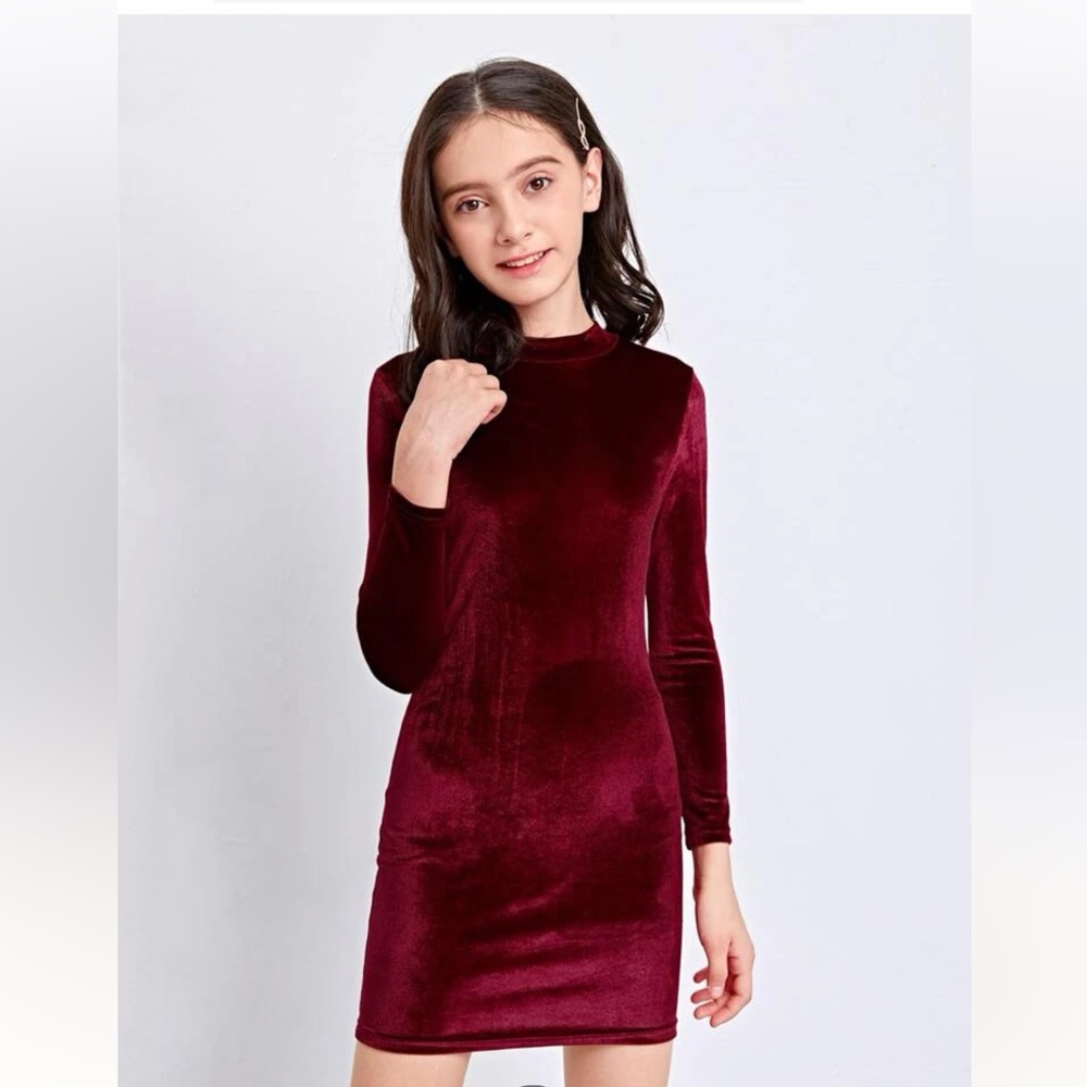 Girls Solid Velvet Fitted Dress
